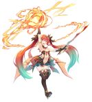  1girl aqua_hair arm_up armlet black_legwear boots charme_(sennen_sensou_aigis) detached_collar dragon_girl dragon_horns dragon_tail fire full_body gradient_hair holding holding_sword holding_weapon horns long_hair multicolored_hair nanahara_fuyuki navel official_art open_mouth pointy_ears sennen_sensou_aigis simple_background solo sword tail thigh-highs thigh_boots twintails weapon white_background 