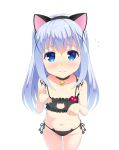  1girl animal_ears bare_shoulders bell bell_collar blue_eyes breasts cat_ears cat_lingerie collar collarbone flying_sweatdrops foreshortening gaou gochuumon_wa_usagi_desu_ka? heart kafuu_chino looking_at_viewer meme_attire panties paw_pose purple_hair side-tie_panties simple_background small_breasts solo standing underwear white_background 