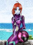  1girl ahoge blue_eyes blue_skin bodysuit breasts gamilas headwear_removed helmet helmet_removed looking_at_viewer medium_breasts melda_deitz pilot_suit purple_bodysuit redhead short_hair sitting solo uchuu_senkan_yamato uchuu_senkan_yamato_2199 yokon2199 