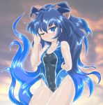  1girl alternate_costume arm_behind_back bare_arms blue_bow blue_eyes blue_hair blue_swimsuit bow breasts commentary_request competition_swimsuit cowboy_shot debt hair_bow hand_up highleg highleg_swimsuit long_hair looking_at_viewer one-piece_swimsuit one_eye_closed small_breasts solo swimsuit touhou very_long_hair wavy_hair winn yorigami_shion 