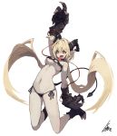  1girl :d arm_up artist_name bare_shoulders black_panties black_sclera blonde_hair breasts claws demon_girl demon_horns demon_tail full_body hair_between_eyes horizontal_pupils horns lansane long_hair long_tongue looking_at_viewer low_twintails medium_breasts navel o-ring_top open_mouth original pale_skin panties paws pointy_ears side-tie_panties signature simple_background smile solo stomach tail tongue tongue_out twintails underwear very_long_hair white_background yellow_eyes 