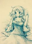  aki_minoriko arinu bed blush breasts highres large_breasts monochrome short_hair skirt sleepwear smile touhou 