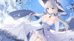  1girl :&gt; ahoge aircraft airplane azur_lane bare_shoulders blue_eyes blush breasts canape_(canape0130) choker closed_mouth clouds collarbone day dress dutch_angle elbow_gloves eyebrows_visible_through_hair garter_straps gloves hat highres illustrious_(azur_lane) large_breasts long_hair looking_at_viewer low_twintails mole mole_under_eye outdoors silver_hair sky sparkle strapless strapless_dress thigh-highs twintails water_drop white_dress white_gloves white_hat white_legwear 
