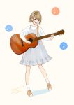  1girl absurdres acoustic_guitar artist_name bangs blonde_hair brown_eyes commentary_request dated dress eyebrows_visible_through_hair full_body guitar highres holding holding_instrument instrument long_sleeves looking_at_viewer music musical_note open_mouth original playing_instrument quaver sako_(user_ndpz5754) shoes short_hair simple_background singing sneakers socks solo standing teeth white_background white_legwear 