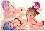  4girls absurdres arm_support ass bangs bed_sheet black_bow black_bra blonde_hair blue_eyes blue_hair blush bow bra braid breasts closed_mouth crown_braid emilia_(re:zero) felt_(re:zero) hair_bow hair_ribbon headdress highres large_breasts lingerie long_hair looking_at_viewer lying matsui_hiroaki medium_breasts multiple_girls on_back on_side on_stomach panties pink_eyes pink_hair purple_panties ram_(re:zero) re:zero_kara_hajimeru_isekai_seikatsu red_bra red_eyes red_panties rem_(re:zero) ribbon scan short_hair sidelocks silver_hair thigh-highs thighs underwear violet_eyes white_bra white_legwear white_panties 