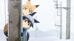  2girls :&lt; animal_ears bangs black_gloves blonde_hair blue_hair blue_jacket blurry blurry_background brown_eyes brown_hair chestnut_mouth closed_mouth commentary day depth_of_field eyebrows_visible_through_hair ezo_red_fox_(kemono_friends) fox_ears fox_tail gloves gradient_hair head_tilt highres jacket kemono_friends leaning_to_the_side long_hair looking_at_viewer multicolored_hair multiple_girls outdoors parted_lips peeking_out silver_fox_(kemono_friends) silver_hair snow snowing tail telephone_pole tomato_(lsj44867) 