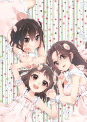  3girls alternate_costume antenna_hair black_hair brown_eyes double_bun dress flower frilled_dress frills hair_flower hair_intakes hair_ornament hair_ribbon half_updo hand_holding hand_on_own_face jintsuu_(kantai_collection) kantai_collection koruri long_hair looking_at_viewer lying multiple_girls naka_(kantai_collection) on_back on_side on_stomach pink_dress pink_ribbon ribbon sendai_(kantai_collection) two_side_up upper_body wrist_cuffs 