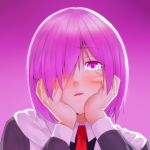  1girl amatlas black_dress blood blush crazy_eyes dress face fate/grand_order fate_(series) hair_over_one_eye hands_on_own_cheeks hands_on_own_face jacket lavender_hair looking_at_viewer mash_kyrielight necktie open_mouth parody portrait short_hair solo violet_eyes yandere yandere_trance 