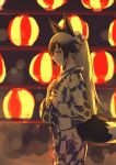  1girl alternate_costume animal_ears backlighting black_hair blurry blush bokeh cowboy_shot depth_of_field emoshon flower fox_ears fox_tail from_side gradient_hair hair_flower hair_ornament hand_on_hip hand_on_own_chest highres japanese_clothes kemono_friends kimono lantern long_hair long_sleeves looking_at_viewer looking_to_the_side multicolored_hair ponytail print_kimono red_eyes side_glance sidelocks silver_fox_(kemono_friends) silver_hair sketch solo standing tail wide_sleeves yukata 