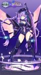  1girl azur_lane bangs braid breasts cleavage cleavage_cutout commentary_request company_connection copyright_name covered_navel eyebrows_visible_through_hair full_body gloves holding holding_sword holding_weapon leotard logo long_hair looking_at_viewer mechanical_wings neptune_(series) official_art purple_hair purple_heart simple_background solo standing sword thigh-highs tsunako twin_braids twintails weapon wings 