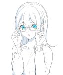  1girl :o adjusting_eyewear bangs blue_eyes commentary eyebrows_visible_through_hair fingernails glasses hair_between_eyes hands_up highres long_hair long_sleeves original p2_(uxjzz) partially_colored simple_background sketch solo sweater white_background 