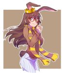  1girl animal_ears blush brown_background brown_eyes brown_hair cropped_legs crown eyebrows_visible_through_hair hair_between_eyes hands_clasped highres iesupa looking_at_viewer outdoors own_hands_together rabbit_ears red-framed_eyewear rwby scarf sketch smile solo velvet_scarlatina white_border 