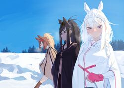  3girls alternate_costume animal_ears black_cloak black_eyes black_hair blue_sky braid brown_eyes brown_hair brown_legwear brown_thoroughbred_(kemono_friends) chestnut_thoroughbred_(kemono_friends) day extra_ears gloves grey_eyes headband holding horse_ears juz kemono_friends long_hair looking_at_viewer multiple_girls outdoors pink_gloves ponytail sky snow steaming_breath thigh-highs white_cloak white_hair white_thoroughbred_(kemono_friends) 