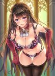  1girl breasts brown_hair character_request cleavage copyright_request gloves long_hair makirin putting_on_legwear underwear violet_eyes 