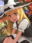  1girl apron autumn bangs black_dress blonde_hair blush bow dress grass hat hat_bow highres kirisame_marisa long_hair looking_to_the_side outdoors permanentlow puffy_sleeves purple_bow shade short_sleeves sitting smile solo touhou tree waist_apron white_bow witch_hat yellow_eyes 