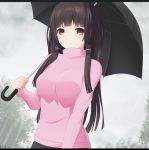  1girl breasts brown_eyes brown_hair highres keenh long_hair looking_at_viewer original parasol rain solo sweater umbrella 