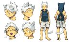  1boy absurdres animal_ears blue_hoodie blue_shirt cat_ears catboy draugnut full_body hand_on_hip highres looking_at_viewer multiple_views no_shoes portrait shirt shorts sleeveless sleeveless_shirt standing white_hair white_shorts yellow_eyes 