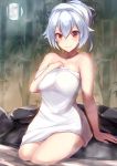  absurdres bamboo blush breasts commentary_request fate/grand_order fate_(series) highres looking_at_viewer moon naked_towel nanakaku onsen red_eyes silver_hair smile tomoe_gozen_(fate/grand_order) towel towel_on_head 
