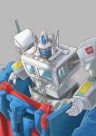  1boy 80s absurdres armor autobot commentary_request grey_background headgear highres holding looking_at_viewer no_humans oldschool red_eyes simple_background solo standing transformers ultra_magnus yabunoki 