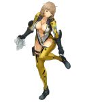  1girl adjusting_footwear bodysuit breasts brown_hair center_opening gloves holding holster katrina_company large_breasts leg_up legs_up messy_hair official_art short_hair solo super_robot_wars super_robot_wars_x-omega thigh_holster watanabe_wataru 