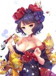  1girl bare_shoulders bird black_hair blue_eyes breasts closed_mouth fate/grand_order fate_(series) flower hair_flower hair_ornament hairpin highres infinote ink japanese_clothes katsushika_hokusai_(fate/grand_order) kimono looking_at_viewer medium_breasts paintbrush short_hair smile solo 