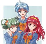  3girls blue_eyes blue_hair forearms_at_chest fujisaki_shiori green_eyes green_hair hair_bobbles hair_ornament hairband hand_on_another&#039;s_shoulder kokura_masashi long_hair long_sleeves looking_at_viewer multiple_girls nijino_saki official_art open_mouth red_eyes redhead school_uniform short_hair smile tatebayashi_miharu tokimeki_memorial 