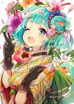  1girl ;o animal_ears aqua_hair black_gloves blush flower gloves green_eyes hair_flower hair_ornament hair_ribbon hairclip hand_up jewelry kanchuumimai looking_at_viewer necklace one_eye_closed original ribbon shirako_mugi short_hair tail upper_body 