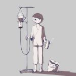  avogado6 bag black_eyes closed_mouth coffee coffee_beans coffee_pot collarbone english grey_background head_tilt holding hospital_gown intravenous_drip looking_at_viewer messy_hair monochrome original shadow short_hair slippers solo standing steam 
