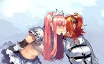  2girls blue_background blush commentary_request crop_top crown elbow_gloves eyebrows_visible_through_hair fate/grand_order fate_(series) from_side fujimaru_ritsuka_(female) gloves grey_jacket hair_ornament hair_scrunchie idk-kun jacket kiss leaning_forward long_hair medb_(fate/grand_order) multiple_girls navel one_side_up orange_hair parted_lips pink_hair profile scrunchie short_hair short_sleeves smile wing_collar yuri 