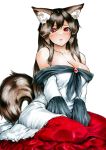  1girl :&lt; akuroporisu animal_ears bare_shoulders between_legs breasts brooch brown_hair cleavage closed_mouth collarbone hand_between_legs imaizumi_kagerou jewelry large_breasts long_hair looking_at_viewer marker_(medium) nib_pen_(medium) off-shoulder_shirt off_shoulder red_eyes red_skirt shirt simple_background skirt solo tail touhou traditional_media v_arms white_background wolf_ears wolf_tail 