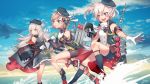 3girls :d azur_lane beret bike_shorts black_legwear blue_eyes blue_sky bow brown_hair clouds commentary_request day gloves hair_between_eyes hair_bow hat hat_ribbon highres iron_cross kneehighs long_hair multiple_girls open_mouth outdoors outstretched_arm ribbon ronica short_hair side_ponytail silver_hair sky smile violet_eyes water white_gloves yellow_eyes z1_leberecht_maass_(azur_lane) z23_(azur_lane) z46_(azur_lane) 