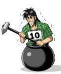  1boy black_hair cauldron closed_eyes crying getting_over_it in_pot itou_kaiji kaiji konno_tohiro long_hair male_focus plaid pot sledgehammer solo sweat 