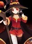  1girl bandage bandaged_leg belt black_gloves black_hair black_legwear button_eyes cape collar daidai_kiki dress eyepatch fingerless_gloves gloves hat highres holding holding_staff kono_subarashii_sekai_ni_shukufuku_wo! megumin mismatched_legwear red_dress red_eyes short_hair_with_long_locks single_thighhigh staff thigh-highs witch_hat 