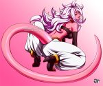  1girl android_21 arm_support back black_sclera dragon_ball dragon_ball_fighterz from_behind harem_pants high_heels jadenkaiba kneeling lavender_hair long_hair looking_back majin_android_21 messy_hair monster_girl open_mouth pants pink_background pink_skin pointy_ears red_eyes solo tail tongue tongue_out very_long_hair 