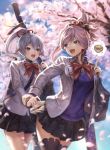  2girls :d bag bangs black_legwear black_skirt blue_eyes blue_sweater blurry blurry_background bow bowl bowtie cherry_blossoms day detached_sleeves duffel_bag earrings eyebrows_visible_through_hair fate/grand_order fate_(series) food grey_jacket hair_ornament hair_scrunchie hand_holding high_ponytail highres index_finger_raised jacket jewelry long_hair long_sleeves looking_at_viewer looking_back mashu_003 miniskirt miyamoto_musashi_(fate/grand_order) multiple_girls open_clothes open_jacket open_mouth outdoors pink_hair red_bow red_eyes red_neckwear red_ribbon ribbon school_uniform scrunchie skirt smile soup sun sunlight sweater swept_bangs thigh-highs thought_bubble tomoe_gozen_(fate/grand_order) tree unbuttoned weapon_bag zettai_ryouiki 