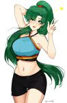  1girl absurdres blush breasts dotentity fire_emblem fire_emblem:_rekka_no_ken fire_emblem_heroes fire_emblem_musou gloves green_eyes green_hair high_ponytail highres jewelry large_breasts long_hair looking_at_viewer lyndis_(fire_emblem) navel ponytail shorts smile solo sports_bra underwear very_long_hair 