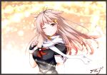  1girl arm_at_side black_ribbon black_serafuku blonde_hair blurry blush bokeh breasts depth_of_field eyebrows_visible_through_hair fingerless_gloves floating_hair gloves hair_flaps hair_ornament hair_ribbon hairclip hand_up highres kantai_collection light_particles long_hair looking_at_viewer medium_breasts messy_hair neckerchief one_eye_closed pleated_skirt red_eyes red_neckwear remodel_(kantai_collection) ribbon scarf school_uniform serafuku sidelocks signature skirt smile solo tareme tranquillity650 white_scarf wind yuudachi_(kantai_collection) 