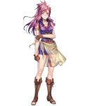  1girl armlet artist_request bangs boots breasts clenched_hand collarbone cross-laced_footwear dress fingerless_gloves fire_emblem fire_emblem:_seima_no_kouseki fire_emblem_heroes full_body gloves highres knee_boots lace-up_boots long_hair looking_at_viewer marica_(fire_emblem) medium_breasts official_art open_toe_shoes ponytail purple_hair see-through short_dress sleeveless solo thigh_strap transparent_background violet_eyes 