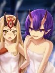  2girls :d :o bangs bare_arms bare_shoulders blonde_hair blush collarbone erect_nipples facial_mark fang fate/grand_order fate_(series) flat_chest forehead_mark foreshortening hand_on_hip hand_on_own_chest haura_akitoshi ibaraki_douji_(fate/grand_order) leaning_forward long_hair looking_at_viewer multiple_girls naughty_face nose_blush oni_horns onsen open_mouth pointy_ears purple_hair shiny shiny_hair short_hair shuten_douji_(fate/grand_order) smile steam straight_hair tsurime upper_body very_long_hair violet_eyes water_drop wet whisker_markings yellow_eyes 