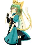  1girl ahoge armlet atalanta_(fate) black_gloves black_legwear black_skirt blush cat_tail dress fate/grand_order fate_(series) from_side gauntlets gloves green_dress green_eyes green_hair highres long_hair looking_at_viewer multicolored_hair pleated_skirt shiny shiny_hair short_sleeves single_glove skirt standing tail thigh-highs two-tone_hair zarashi 