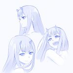  1girl :d bad_id blue blue_background closed_mouth darling_in_the_franxx expressions eyebrows_visible_through_hair fangs from_side highres horns long_hair looking_at_viewer monochrome multiple_views nude open_mouth simple_background smile upper_body v-shaped_eyebrows viperxtr zero_two_(darling_in_the_franxx) 