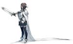  armor blue_legwear brown_hair cape commentary_request facing_to_the_side gloves grey_cape hair_ornament holding holding_weapon keemu_(occhoko-cho) knight long_hair multicolored multicolored_clothes original pauldrons pointed_boots shield sword weapon 