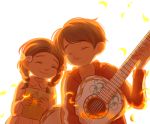  1boy 1girl bloom bow braid closed_eyes coco_(disney) cover cover_page disney graphite_(medium) guitar happy instrument mama_coco mechanical_pencil miguel_rivera object_hug oneonesheep pencil petals pixar smile time_paradox traditional_media 