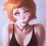  1girl bare_shoulders black_choker breasts bright_pupils choker cleavage closed_mouth grey_background ilya_kuvshinov large_breasts looking_away looking_to_the_side orange_hair original pink_lips short_hair simple_background solo tank_top upper_body 