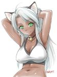  1girl ahoge animal_ears armpits arms_behind_head arms_up bare_arms bare_shoulders bell bell_choker black_choker breasts cat_ears choker cleavage closed_mouth commentary_request copyright_request crop_top dark_skin ebifly eyebrows_visible_through_hair fang fang_out green_eyes hands_in_hair jingle_bell large_breasts looking_at_viewer navel silver_hair simple_background slit_pupils smile solo twitter_username upper_body white_background 