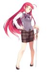  1girl ahoge blush braid full_body highres holding holding_sword holding_weapon long_hair long_sleeves looking_at_viewer pencil_skirt plaid plaid_skirt redhead simple_background skirt smile solo standing sword weapon white_background yellow_eyes 