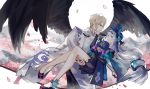  1boy 1girl aoandon black_wings blue_eyes carrying daitengu hetero highres lanxee long_hair looking_at_another onmyoji princess_carry wings 