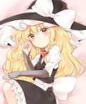  1girl apron arm_warmers blonde_hair blush bracelet breasts cocked_eyebrow fingernails hat jewelry kirisame_marisa long_hair looking_at_viewer lying on_side puffy_sleeves sash skirt small_breasts solo touhou vest waist_apron wavy_hair witch_hat yellow_eyes yururi_nano 