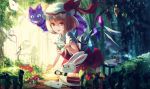  1girl alice_in_wonderland blonde_hair cake card caterpillar_(wonderland) cheshire_cat chocolate_cake club_(shape) cup day diamond_(shape) flandre_scarlet fly_agaric food grin hair_between_eyes hat hat_ribbon heart looking_at_viewer mad_hatter mob_cap monocle mushroom nakaichi_(ridil) outdoors playing_card pocket_watch pouring puffy_short_sleeves puffy_sleeves rabbit red_eyes red_ribbon red_skirt ribbon sharp_teeth short_sleeves skirt smile solo striped table tea teacup teapot teeth touhou watch white_hat white_rabbit 