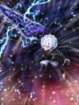  1boy armor bettle_(b_s_a_n) black_cape black_gloves brown_eyes cape electricity emperor_(sennen_sensou_aigis) fighting_stance full_body gloves holding holding_sword holding_weapon male_focus sennen_sensou_aigis sword weapon white_hair 
